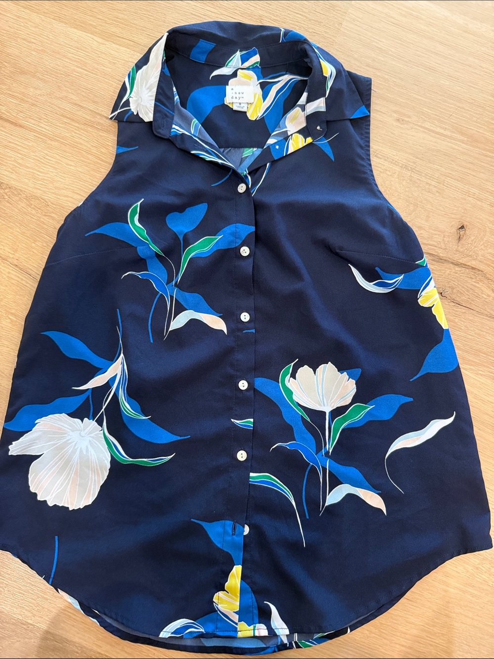 J. Crew Navy Sleeveless Button-Down Top with Blue, White & Yellow Floral Print